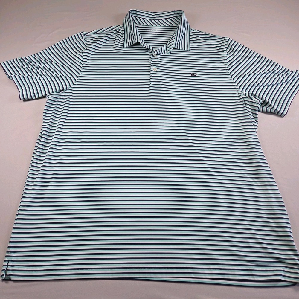 Vineyard Vines Aqua Blue Striped Stretch Performance Polo XXL Whale Logo